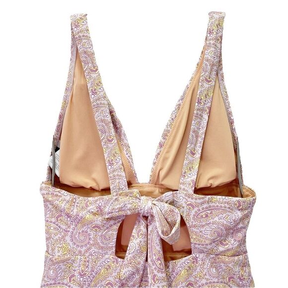 J. Crew Eco Plunge V-Neck One Piece Swimsuit Pink Beach Paisley Size 6 Tie Back - Picture 7 of 15